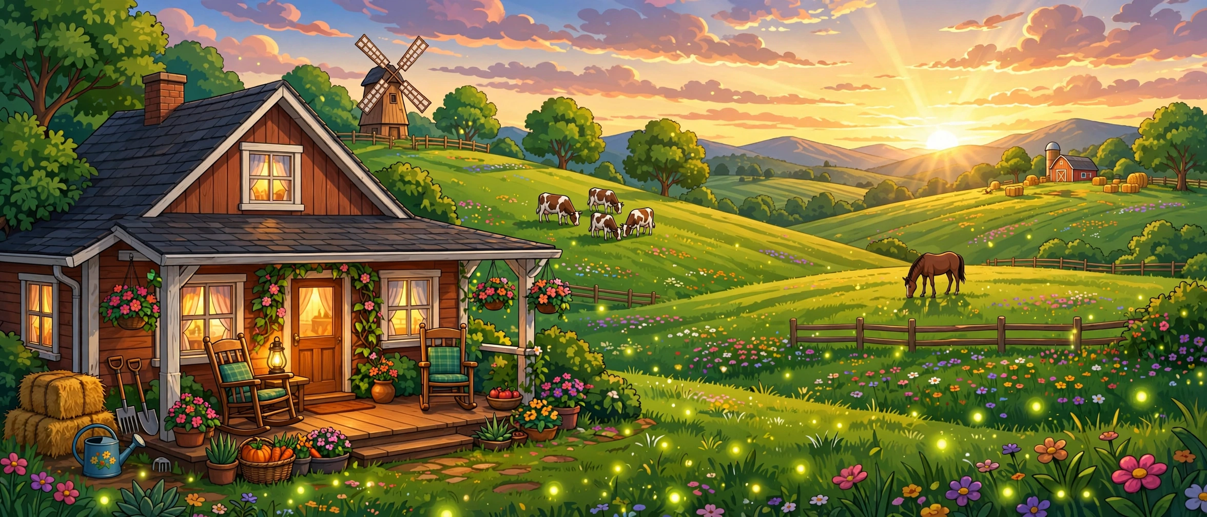 Daydream Farm farmhouse porch at sunset cartoon illustration